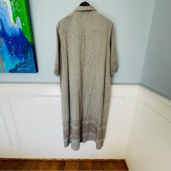 Poetry Embroidered Linen Lagenlook Maxi Dress Caftan Shawl Collar Size 12 - Picture 3 of 11